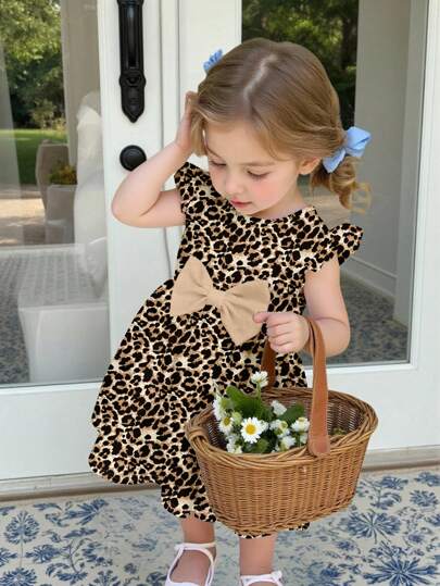 SHEIN Söt leopardmönster, söt rosettknut, trendig klänning med rygglös ärm och ärm, lämplig för vår och sommar