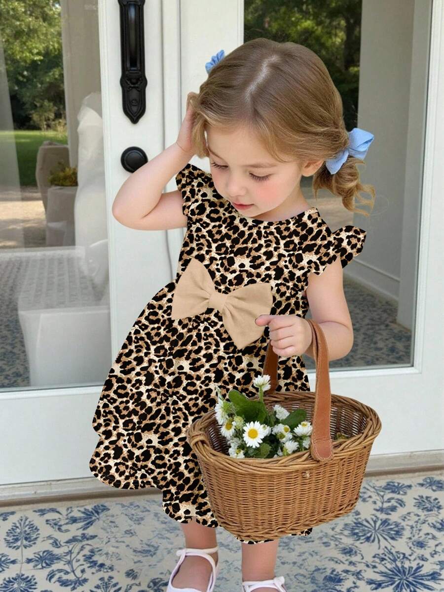 SHEIN Happikins Cute Leopard Pattern, Baby Girl Sweet Bowknot Fashionable Cap Sleeve Backless Dress, Suitable For Spring And Summer - Multicolor - View 1