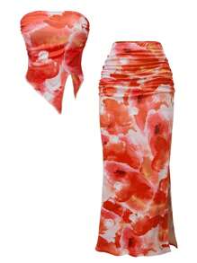 Lunivi 2pcs/Set Floral Print Irregular Hem Cropped Tank Top And Skirt Set, Casual Fashion Beachwear Suitable For Teenage Girls And Beach Parties