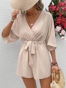 Vivid Eden Mùa hè dành cho nữ cổ chữ V Crisscross Quấn thắt lưng Thắt lưng họa tiết ren hoa Jumpsuit thông thường cho kỳ nghỉ - Màu be - Xem 5
