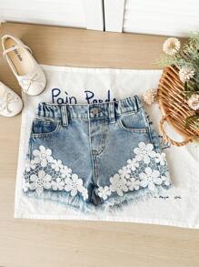 Quần short denim xanh cho bé gái có viền ren hoa, trang phục thường ngày cho kỳ nghỉ mùa xuân và mùa hè ở nông thôn - Rửa nhẹ - Xem 6