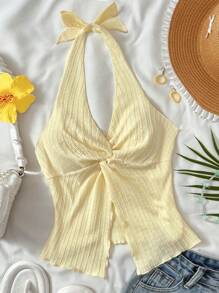SHEIN Teen Girls Vacation, Summer, Stylish Halter Tie Knot Hem Slit Open Back Camisole Tank Top, Vacation Mini Halter Polka Dot Bubble Sleeve A-Line Side Slit Camisole, Pastel Yellow, Color, Valentine's Resort Style Mustard Black Textured Tube Top With Front Twist, Frill Trim Fitted Blouse. Suitable For Afternoon Tea, Streetwear, Vacation, Layering Or Party Wear, Autumn/Winter/Cute/Vacation