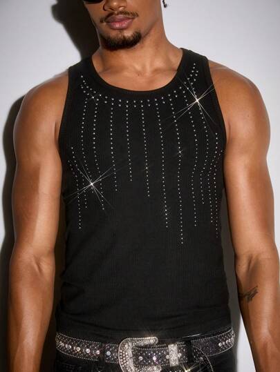 Grunge Punk Camiseta de tirantes casual negra con diamantes engastados para hombre, prenda de vestir versátil para el verano, rave
