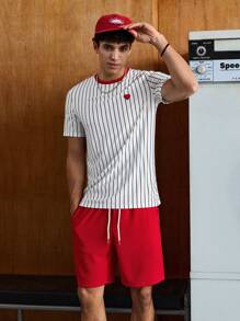 Manfinity VCAY Men's Striped Knitted Casual Short Sleeve T-Shirt And Shorts Sets Summer Outfit