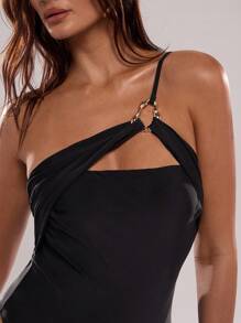 SHEIN BAE 1 buah Baju Renang One-Piece Wanita Elegan & Hitam, Baju Renang Tanpa Punggung Pengontrol Perut yang Lucu dengan Cincin Logam, Pakaian Pesta Pantai Liburan Musim Panas - Hitam - View 6