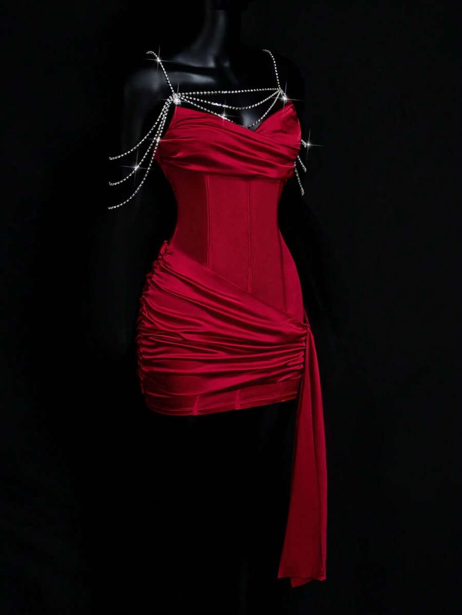 SHEIN ICON 女士红色优雅紧身迷你连衣裙，配有腰部荷叶边腰带 - 紅色 - 查看 1