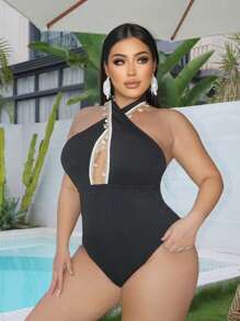 Swim SXY 大码女式纯色荷叶边交叉带性感度假连体泳衣 - 黑色 - 查看 5