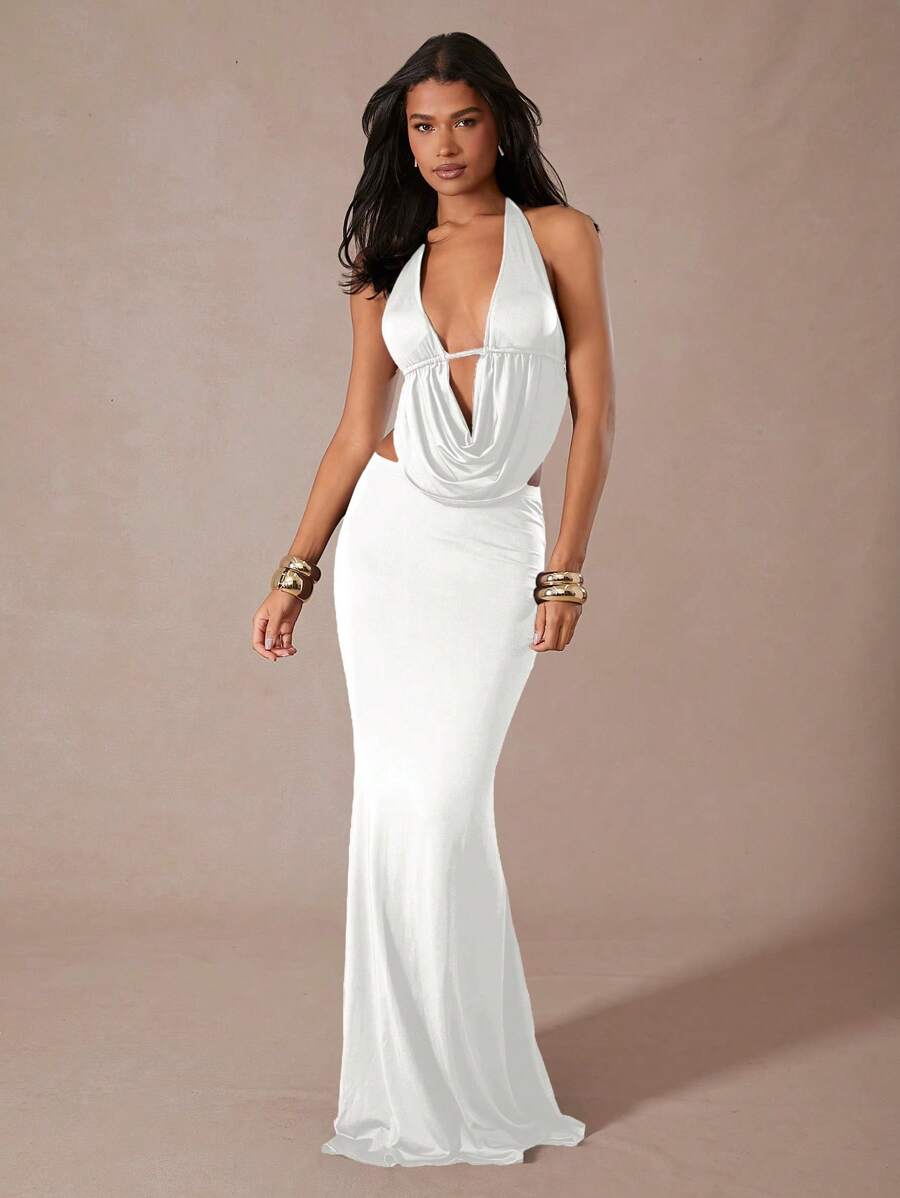 Hauture Draped Halter Neck Backless Top & Maxi Skirt Set