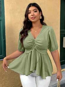 Breezaya Blusa holgada de manga 3/4 con textura de plisado, volante y holgada para mujer de talla grande