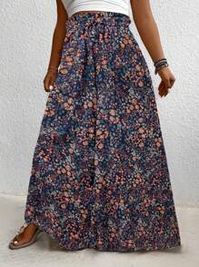 EMERY ROSE Plus Size Floral Print Paper Bag Waist Casual Loose Pants For Holiday Fall Cloth For Women - Navy Blue - View 3