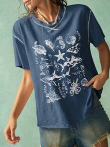 Bohemela Áo thun tay ngắn cổ tròn in hình đại dương mùa hè cho nữ - Màu xanh lam - Xem 5
