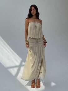 Aloruh 女士新款杏色露肩露背连衣裙，褶皱简约设计长裙，飘逸连衣裙，透视女士连衣裙，春夏季沙滩裙海滩度假装，奶油黄色女士夏季连衣裙 - 杏色 - 查看 3