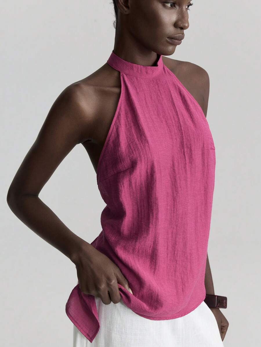 Ontre Blusa de estilo vacacional morada para todo el año, uso diario, elegante blusa holgada de cuello halter con pliegues - Morado - Ver 1