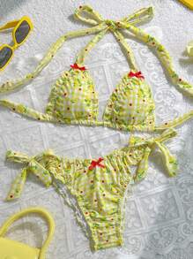 SHEIN VCAY 女款掛脖式兩件式黃色比基尼泳衣套裝，高腰丁字褲泳裝，可愛白色夏季度假度假穿搭，適合泳池派對 - 彩色 - 查看 3