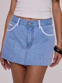 MUSERA Low Rise Contrast Trim Denim Mini Skirt Spring Summer 90s Ibiza Western Concert Holiday Beach Festival - Blue - View 2