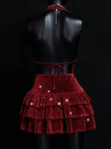 SHEIN ICON Silver Graduation Summer Party Backless Deep V Halter Back Cut-Out Metallic Ruffled Hem Mini Dress