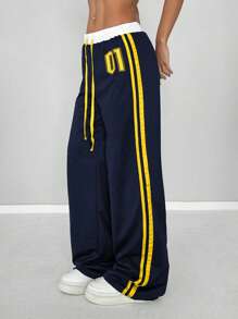 StreetHx 女式复古休闲运动运动裤，带数字印花和腰部拼接细节，春夏