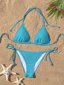 SHEIN Swim 素色領結式抹胸比基尼泳衣，適合夏季海灘 - 藍色 - 查看 1