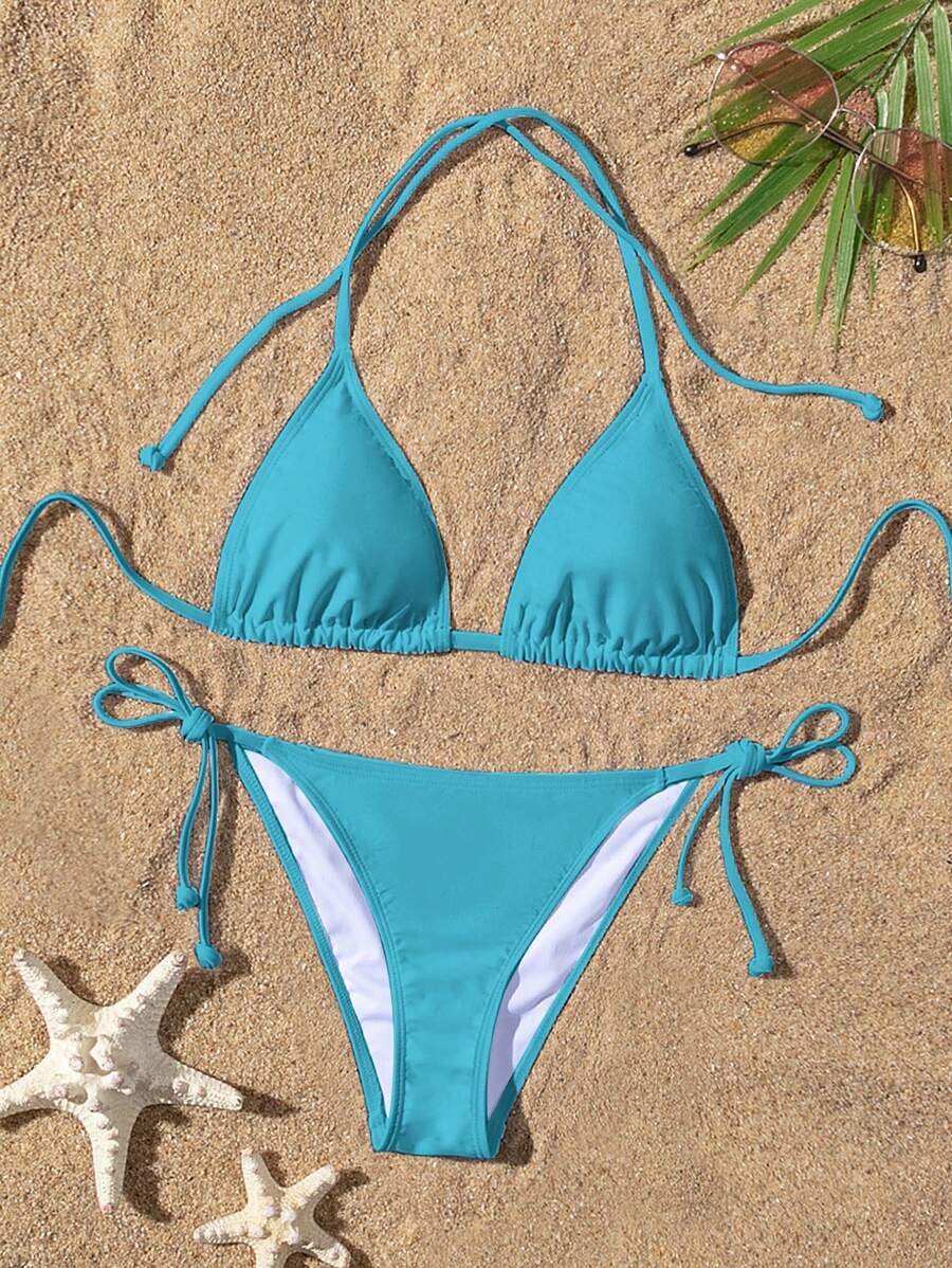 SHEIN Swim 素色領結式抹胸比基尼泳衣,適合夏季海灘 - 藍色 - 查看 1