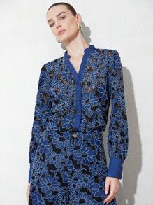 SHEIN Privé V-Neck Hollow-Out Loose And Versatile Elegant Long Sleeve Blouse For Women Fall Cloth For Women