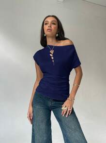 Aloruh 女士不对称领纯色蝙蝠袖短袖时尚衬衫，夏季 - 藏蓝色 - 查看 5