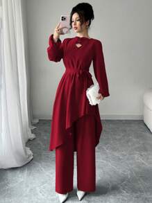 Modelyn 2pcs Set Women Solid Color Tie Front Asymmetrical Hem Top And Pants Fall Cloth For Women - Burgundy - View 4