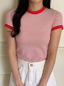 DAZY Camiseta ajustada de manga corta con estampado de rayas para mujer, casual de verano - Rojo - Ver 6