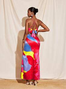 Eva Novielli 夏季花卉印花缎面露背系带蝴蝶结镂空长裙女式度假优雅 - 玫紅色 - 查看 3