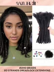 Tóc tết không thắt nút làm thủ công bằng tóc thật Dreadlock kích thước bút chì, 60 lọn tóc, tóc nối dài 4 inch đến 8 inch, màu đen dành cho nam/nữ, tóc tết móc bằng tóc thật theo phong cách Boho - S1 - Xem 1