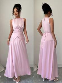 Chiquease 2 件套女士夏季优雅缎面低胸无袖上衣和喇叭中长裙套装，时尚套装 - 粉色 - 查看 5