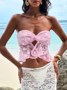 Opulessa Top corto sin tirantes con decoración floral para mujer - Rosa Pálido - Ver 5