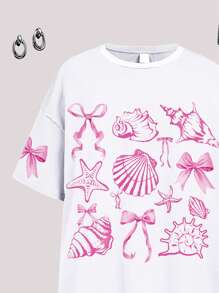 SHEIN Leap Crew 可爱的海洋生物和蝴蝶结印花 2 件套：宽松短袖 T 恤和休闲裤，适合夏季、家庭出游季节、度假放松、海滩度假时尚、少女 - 彩色 - 查看 4