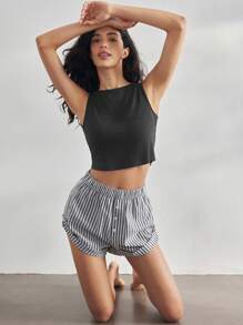 Ocili Leisure Women's Casual Plain Color Black Lounge Top, Summer Holiday Season