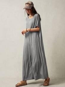 Bohemela Women's Solid Color Casual Wide Leg Jumpsuit - Light Grey - View 8