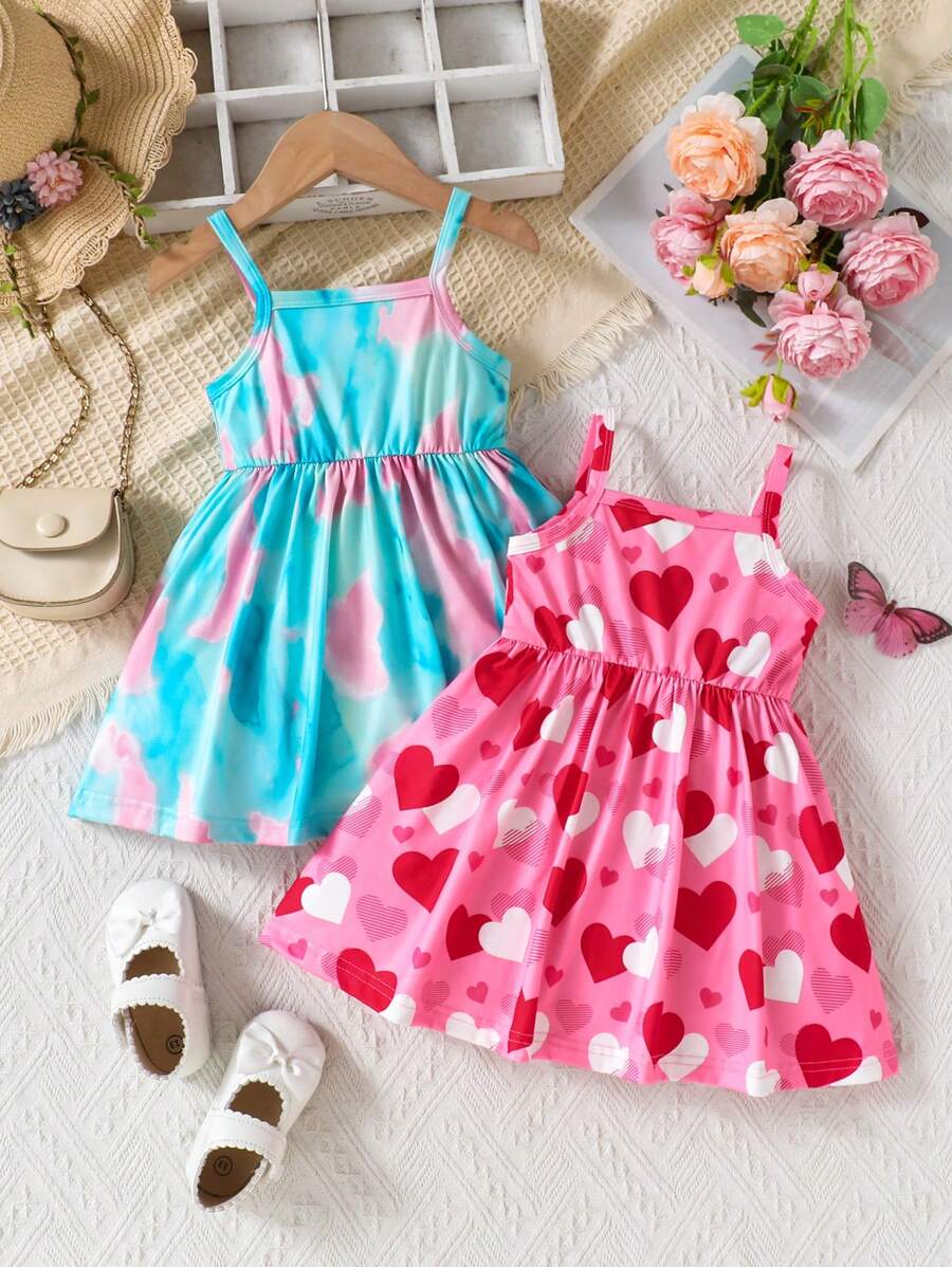 2 件女童针织牛奶丝吊带裙，心形数码印花和蜡染数码印花，适合夏季日常穿着、外出、旅行、度假和聚会 - 彩色 - 查看 1
