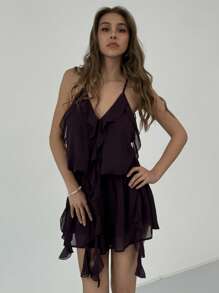 Aloruh Women's Dark Purple Ruffle Trim Halter Mini Dress, 70s Style Summer Party Club Outfits,Solid Color Backless Vacation Holiday Beach Outfits - Purple - View 6