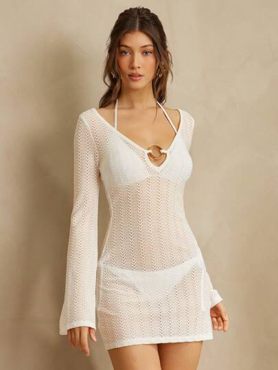 L'Amorae Elegante vestido de verano mini traslúcido tipo cubrecosturas de playa con detalle de anillo en O, vestido cubrecosturas de playa, atuendos de verano para mujer, atuendos de playa para mujer