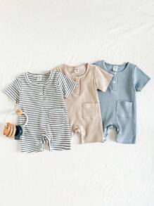 SHEIN 3pcs/Set Newborn Baby Round Neck Half-Snap Romper & Shorts Set, Cute Simple Design, Soft & Comfortable Rib Fabric, Suitable For Everyday Home, Outdoor, Spring & Summer Baby Clothes Cotton New Born Unisex Clothes Unisex Baby Clothes
