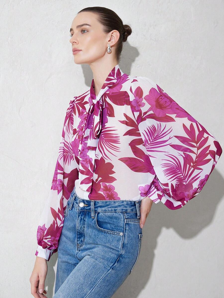 Aveloria Modichic Random Plant Print Tie Front Chiffon Long Sleeve Sheer Shirt, Summer Fall Cloth For Women - Multicolor - View 1