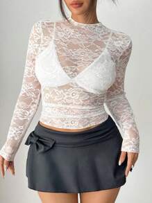 SHEIN Tall Áo sơ mi dài tay màu trắng thanh lịch dành cho nữ cỡ lớn, phối ren tương phản, lưng xuyên thấu, thích hợp mặc đi làm, mùa Thu/Đông. - trắng - Xem 4