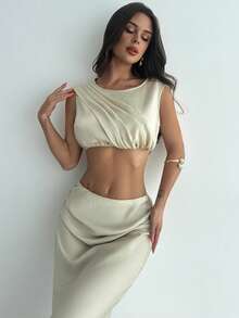 Firerie Women's Elegant Sophisticated Romantic Fashion New Holiday Party Music Festival Daily Draped Lapel Sleeveless Cropped Shirt Top And Low Waist Pleated Super Long Skirt Apricot 2 Pieces Set - Apricot - View 1