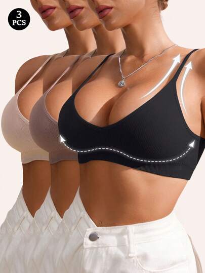 SHEIN 3pcs/Set Seamless Ribbed Wireless Casual Women Bras  Cozy And Elegant Details