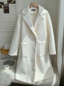 SHEIN EZwear Abrigo oversize con bolsillos dobles, cuello de solapa y mangas largas para mujer - Albaricoque - Ver 3