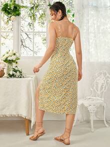 Soleia WYWH Vacation Spring Break Yellow Ditsy Floral Split Thigh Slip Dress