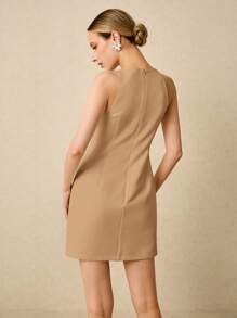 Poéselle Women Solid Color Minimalist Sleeveless Zipper Back Mini Dress - Khaki - View 2