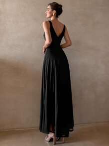 Aloruh 女士优雅复古性感深 V 金属装饰吊带 A 字正式黑色连衣裙，适合约会、舞会、毕业典礼、婚礼 - 黑色 - 查看 2