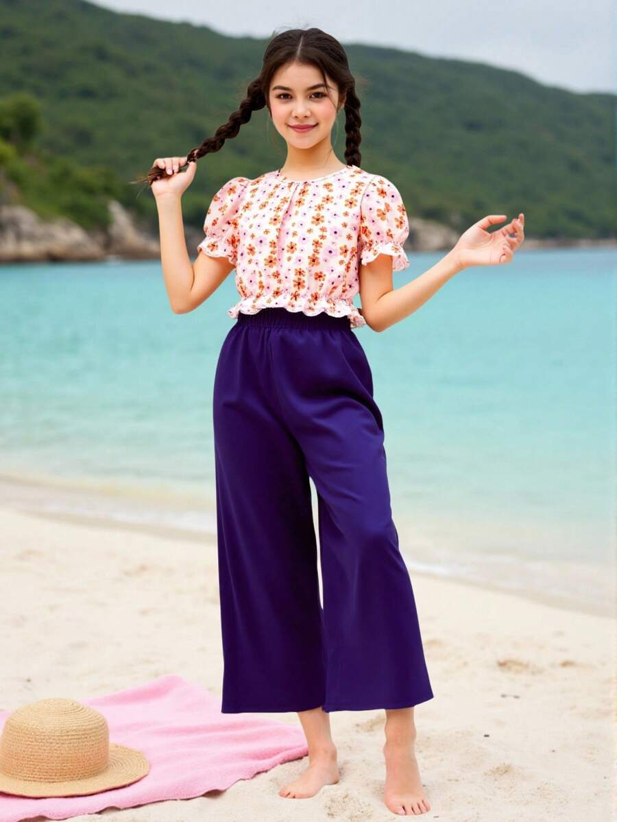 SHEIN Tween Girl Floral Print Puff Sleeve Top And Long Pants 2 Pieces Set - Multicolor - View 1