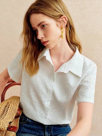 Écloséra Women's Single-Breasted Short Sleeve Knotted Loose Casual Elegant Shirt