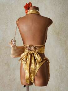 SHEIN ICON Set de 3 trajes de baño sin espalda con recubrimiento para mujer, atuendos para el 4 de julio - Dorado - Ver 10
