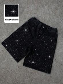 SHEIN Teen Boy Fashion Casual Vintage Y2k Old Sparkling Rhinestone Design Black Loose Wide-Leg Denim Shorts For Teen Boy Clothes Boys Soft Dailywear And Teen Boy Summer And Spring Rave Outfits Festival And Beach Outfits Clothes - Black - View 1